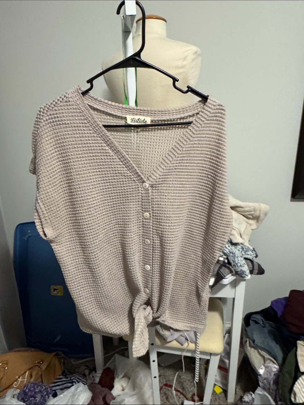 Women's Waffle-Knit Button Front Tie-Front Top - Taupe